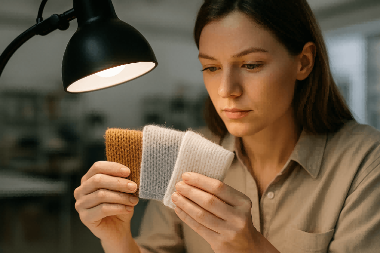 A product developer comparing fabric swatches of different washable yarns under a light.